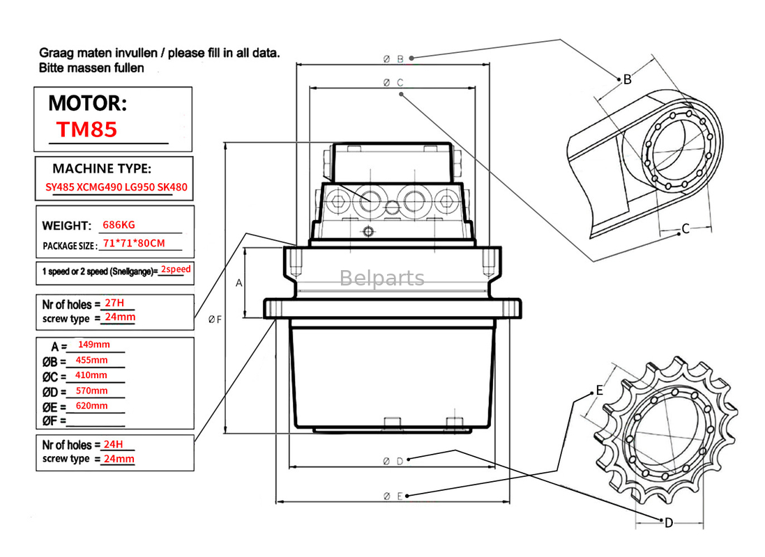 Belparts Excavator Travel Motor Assy TM85 SY485 XCM490 LG950 SK480 Final Drive Assy For Kobelco Sany