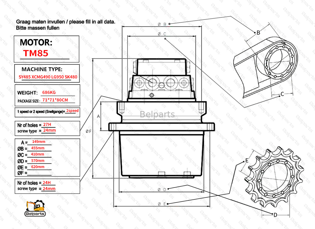 Belparts Excavator Travel Motor Assy TM85 SY485 XCM490 LG950 SK480 Final Drive Assy For Kobelco Sany