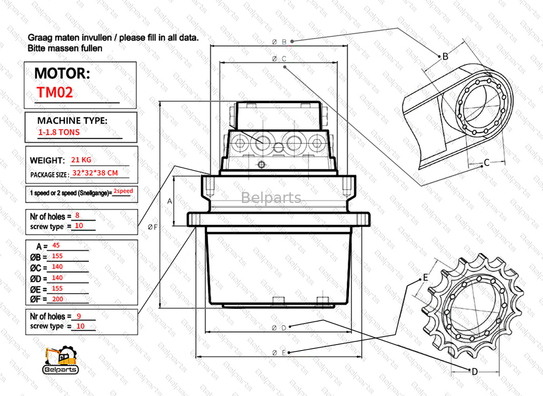 Belparts Excavator Parts Kubota KX61-3 CX27 IHI 20NX2 U20 U25 U25.3 U25.3 Final Drive