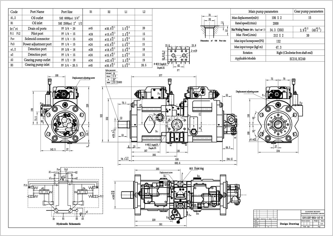 Hydraulic Pump For VOLVOo EC210 EC210B EC240 EC240B Excavator Parts SA 1142-00012 SA 8230-14650 SA 1142-00531 Kawasaki K3V112DT-9N24-14T OEM Piston Pump